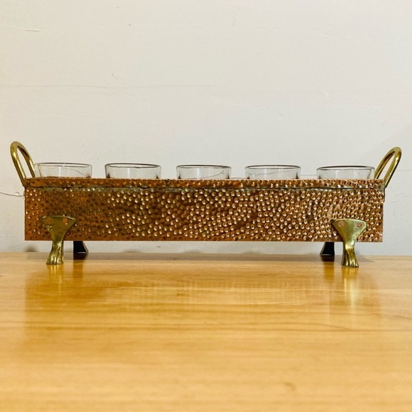 unknown Other - Hammered Metal Footed Container with 5 Glass Votive Holders Used Copper Colored